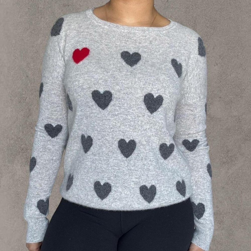 Christian Siriano Gray Cashmere Heart Sweater with Red Trim